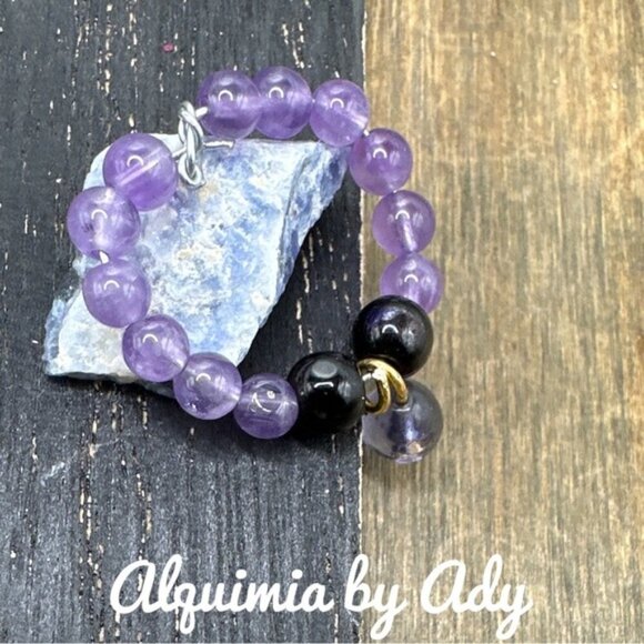 Amethyst beaded charm ring band - Picture 1 of 2